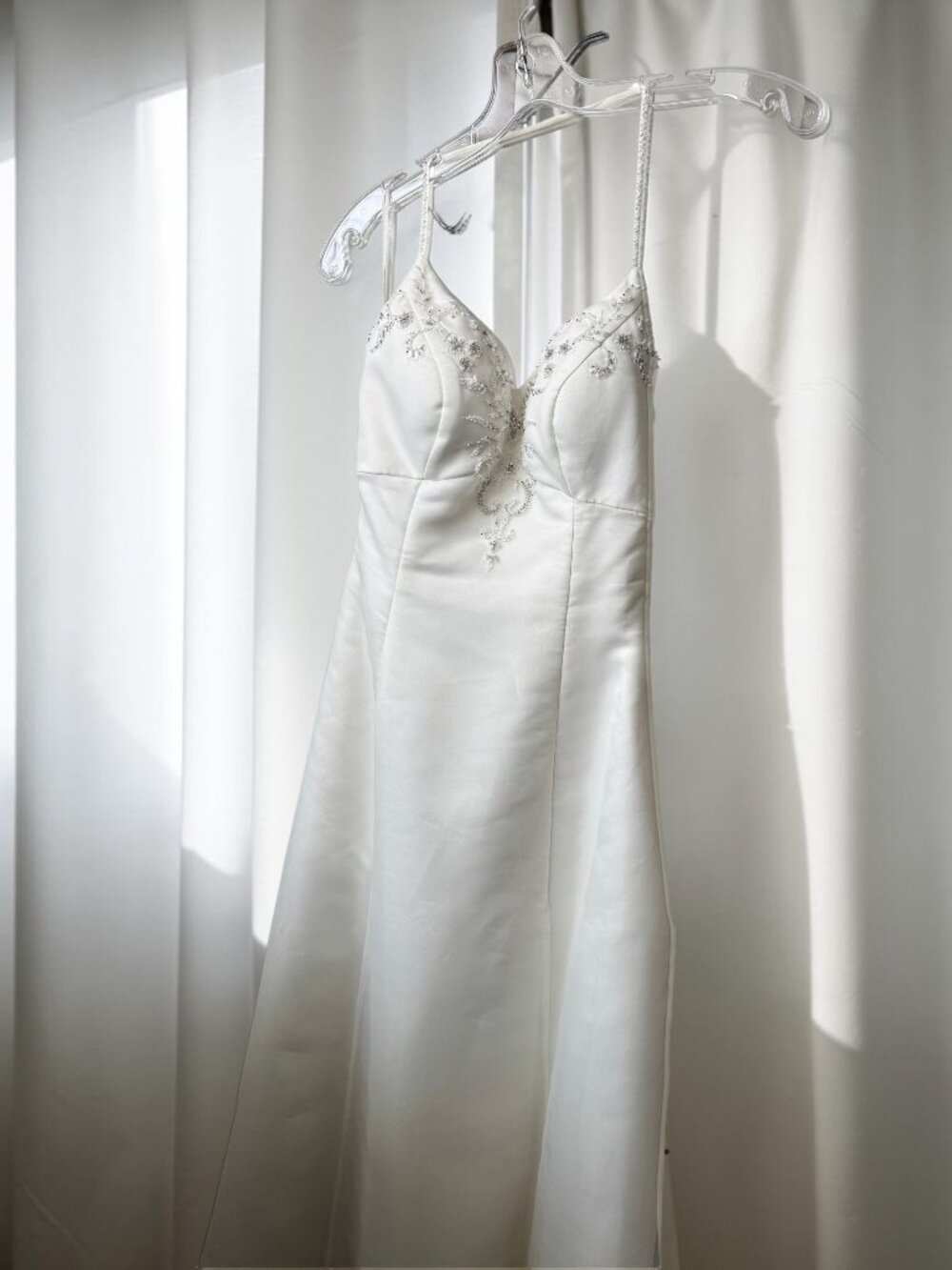 Elegant White Satin Wedding Dress with Beaded Bodice
